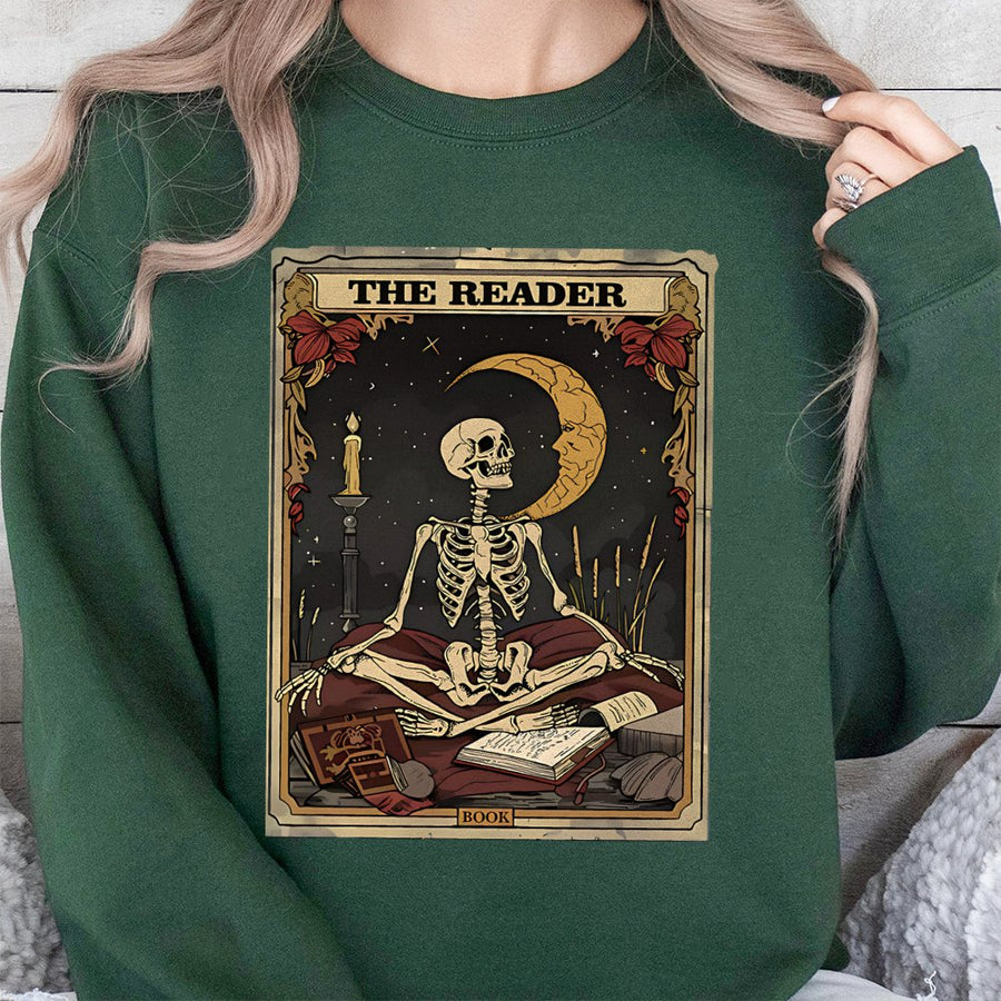 Skeleton Tarot Card Sweatshirt | The Reader Gothic Moon Aesthetic | Soft Cotton Blend Crewneck | Witchy Occult Gift For Book Lovers
