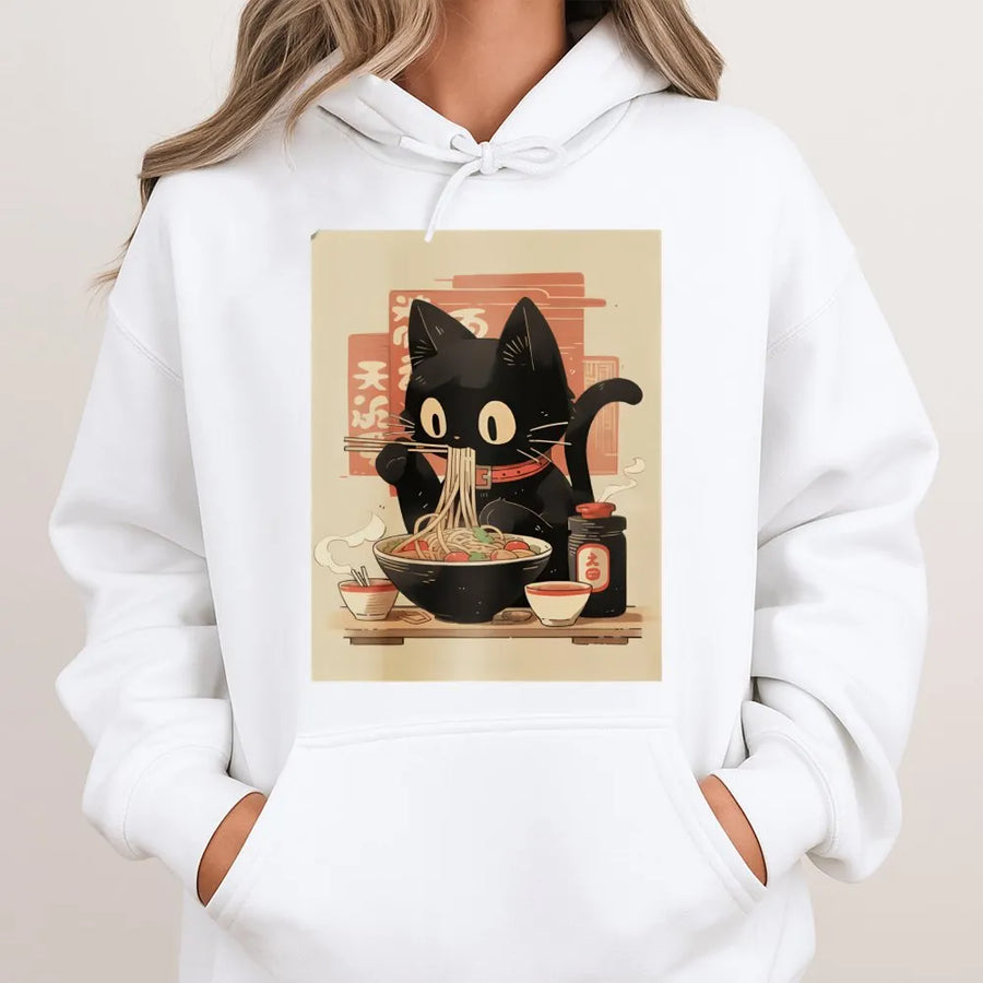 Ramen Cat Hoodie | Kawaii Japanese Noodle Eating Black Cat Graphic | Premium Cotton Blend | Aesthetic Anime Style Gift For Cat Lovers