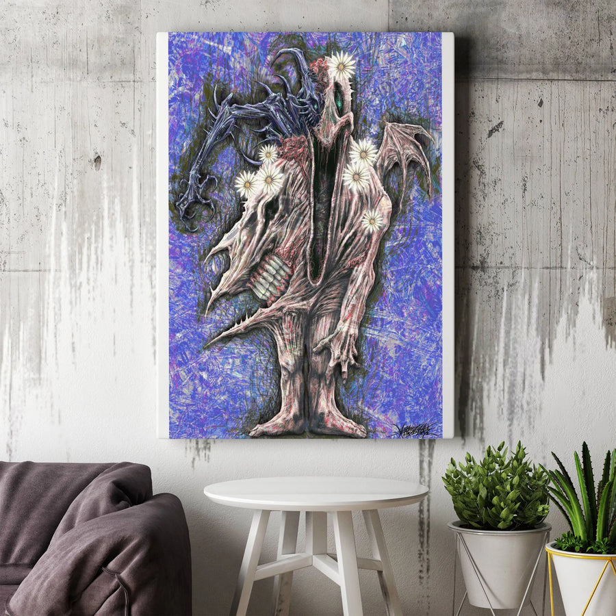 Surreal Monster Canvas Print | Grotesque Creature with Daisy Flowers | Thick Gallery Wrap Canvas | Collector's Gift for Horror Fans