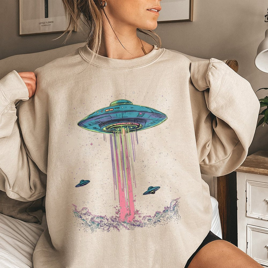 UFO Alien Sweatshirt | Retro Space Abduction Graphic | Premium Cotton Blend Crewneck | Vintage Sci-Fi Gift for Men and Women
