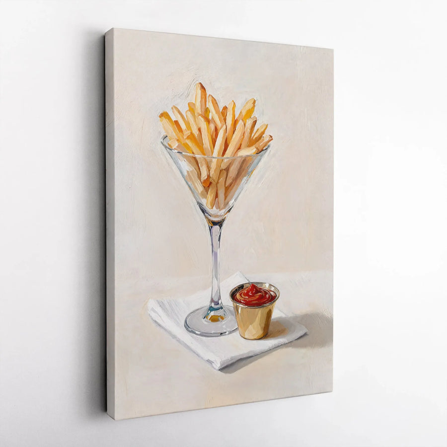 French Fries Martini Glass Wall Art | Whimsical Food Oil Painting Style | Premium Gallery Canvas | Unique Kitchen Decor Gift