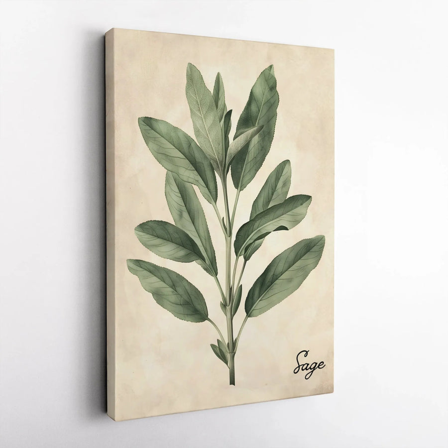 Sage Botanical Canvas Print | Vintage Herb Illustration Wall Art | Premium Gallery Wrapped Canvas | Farmhouse Kitchen Decor Gift