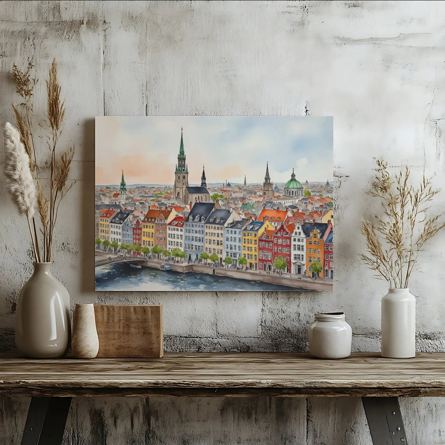 Copenhagen Cityscape Canvas Art | Colorful Watercolor Nyhavn Waterfront Print | Premium Gallery-Wrapped Wall Decor | Travel Lover Gift