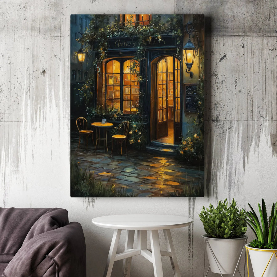 Parisian Cafe Wall Art | Cozy Night Street Scene with Glowing Lanterns | Premium Gallery Wrapped Canvas | Elegant Home Office Decor Gift