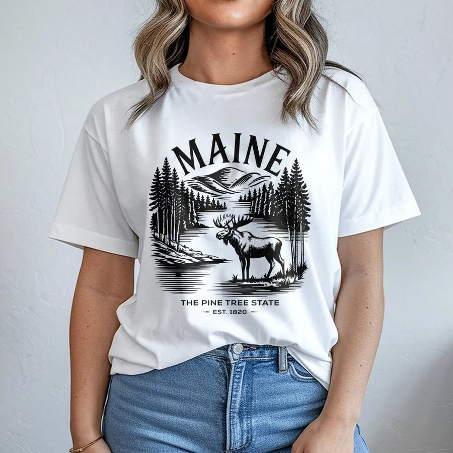 Maine Moose T-Shirt | Vintage Pine Tree State Graphic Tee | Soft Cotton Unisex Shirt | USA Road Trip Souvenir Gift for Men & Women