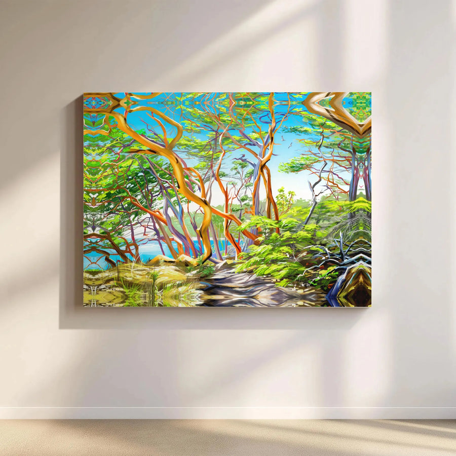 Arbutus Tree Forest Canvas Wall Art | Vibrant Coastal Nature Landscape | Premium Gallery Wrapped Print | Modern Living Room Home Decor Gift