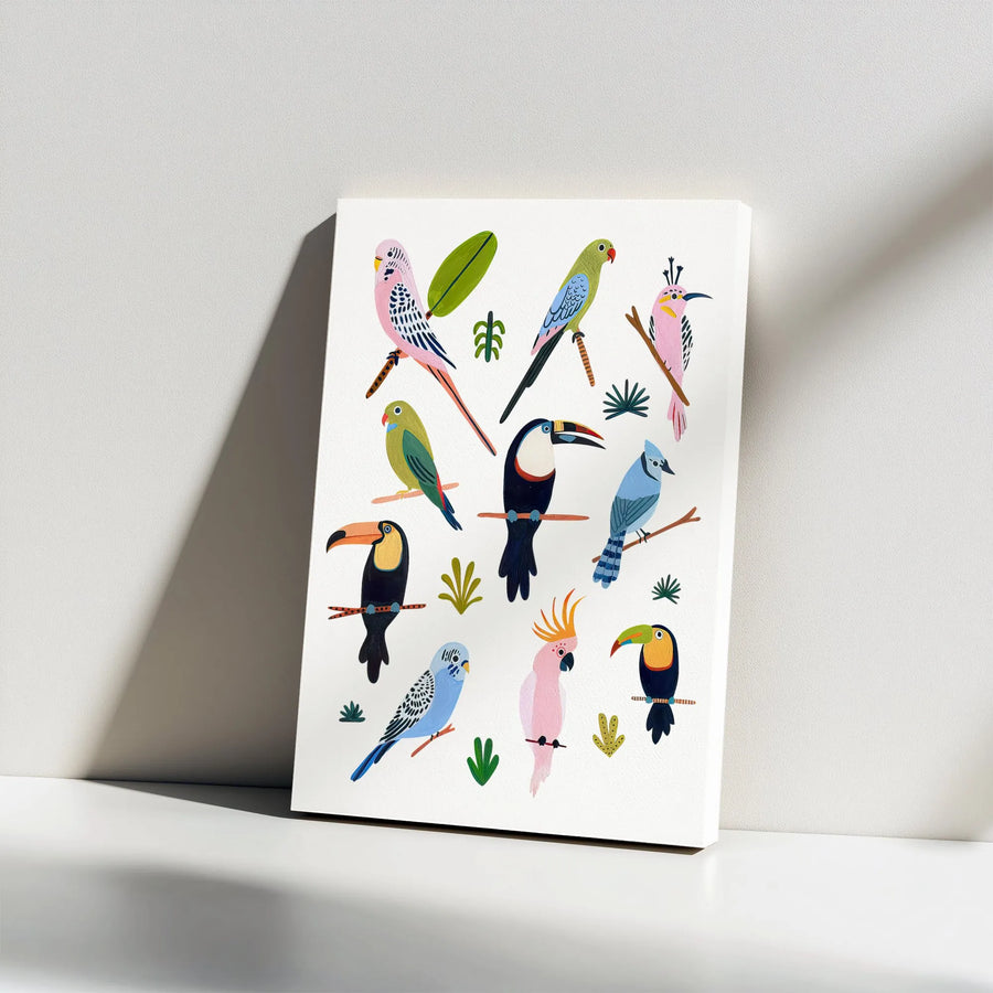 Tropical Birds Vertical Canvas | Colorful Exotic Bird Collection Print | Premium Gallery Wrap Wall Art | Modern Nursery Decor Gift for Bird Lover
