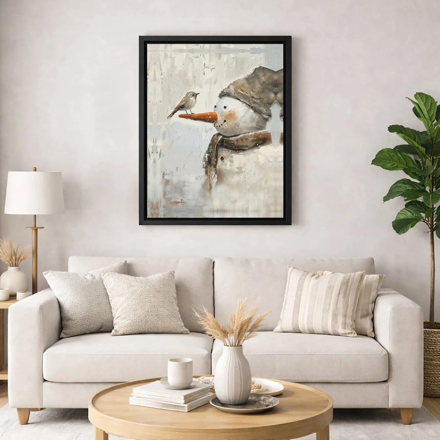 Snowman Wall Art | Winter Bird Oil Painting Style | Premium Gallery Wrap Canvas | Holiday Home Decor Gift