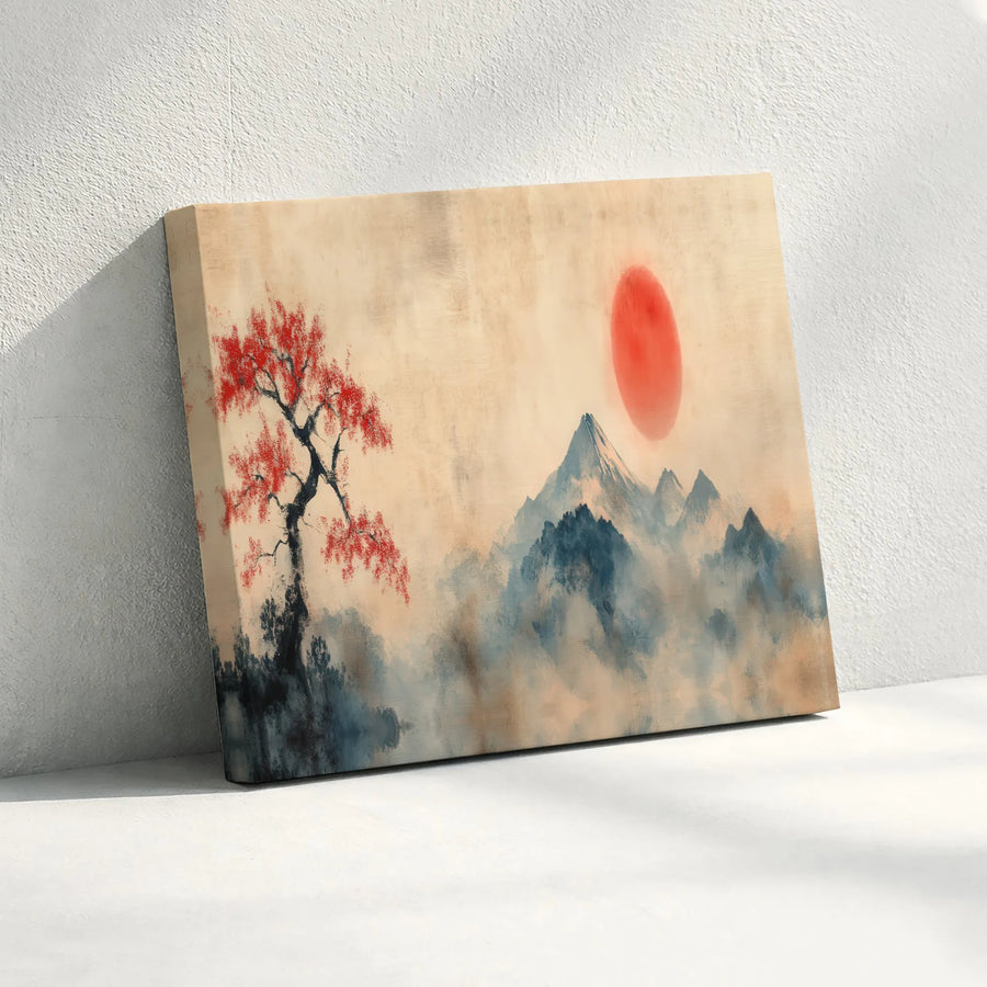 Japanese Mountain Landscape Horizontal Canvas | Vintage Sumi-e Style Red Sun and Tree Print | Premium 1.25” Thick Gallery Wrapped Wall Art | Serene Zen Home Decor Gift for Living Room