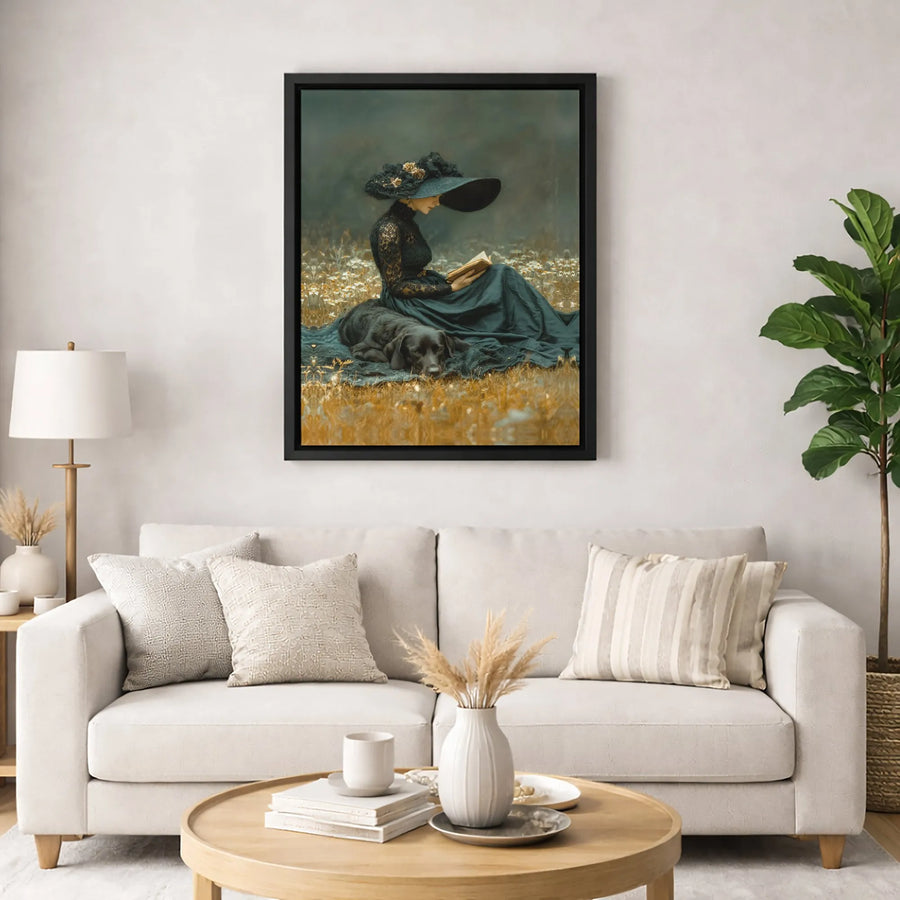 Victorian Woman Reading Wall Art | Dark Academia Aesthetic Print | Premium Gallery Wrapped Canvas | Gift for Book Lovers and Dog Owners