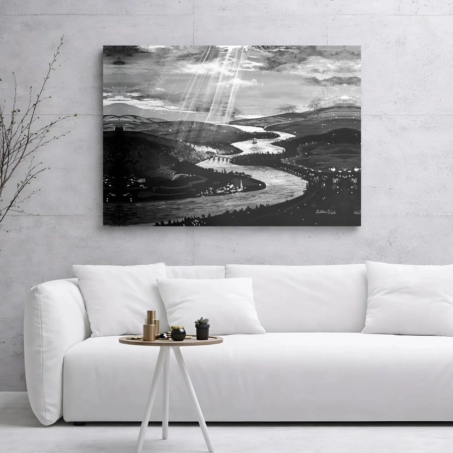 Winding River Valley Landscape Canvas | Black and White Nature Wall Art | 1.25" Gallery Wrap | Premium Home Decor Gift