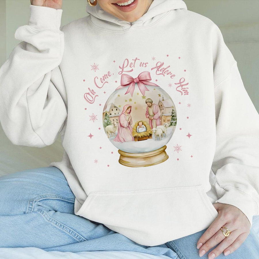 Nativity Scene Hoodie | Oh Come Let Us Adore Him Graphic | Soft Cotton-Blend Christmas Sweater | Religious Christian Gift For Women & Men