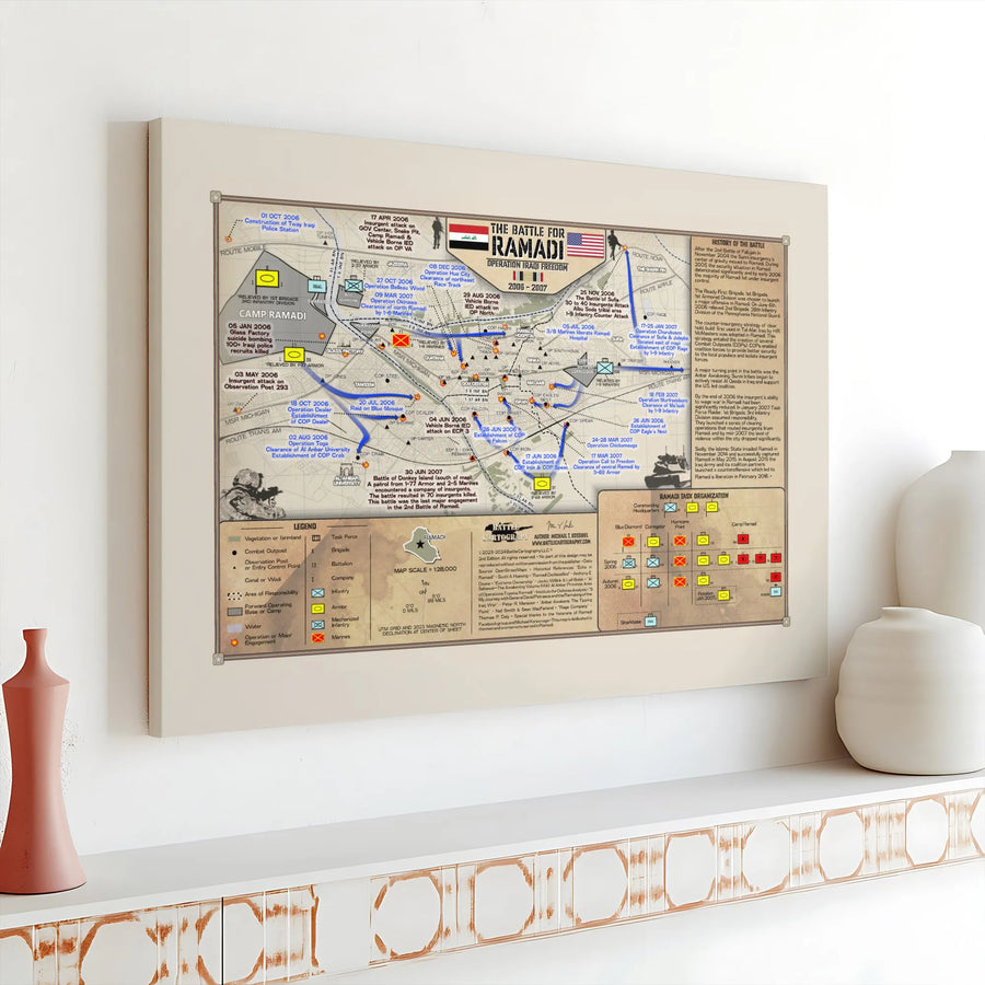Battle for Ramadi Military Map Canvas | Operation Iraqi Freedom Campaign History | Premium Gallery Wrap Wall Art | Veteran Memorial Gift