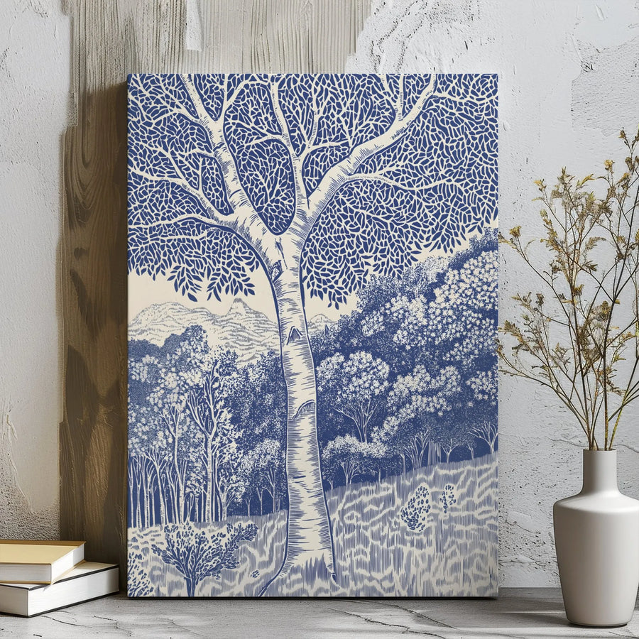 Birch Tree Forest Wall Art | Blue and White Woodcut Landscape | Gallery Wrap Canvas Print | Modern Nature Decor for Living Room or Office