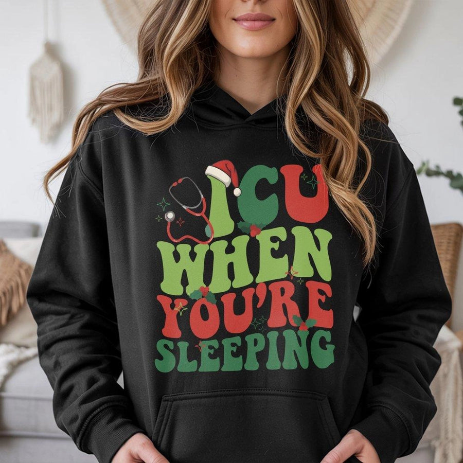 ICU Nurse Christmas Hoodie | Funny Holiday Stethoscope Graphic | Soft Cotton-Blend Pullover | Perfect RN Nurse Gift for Christmas
