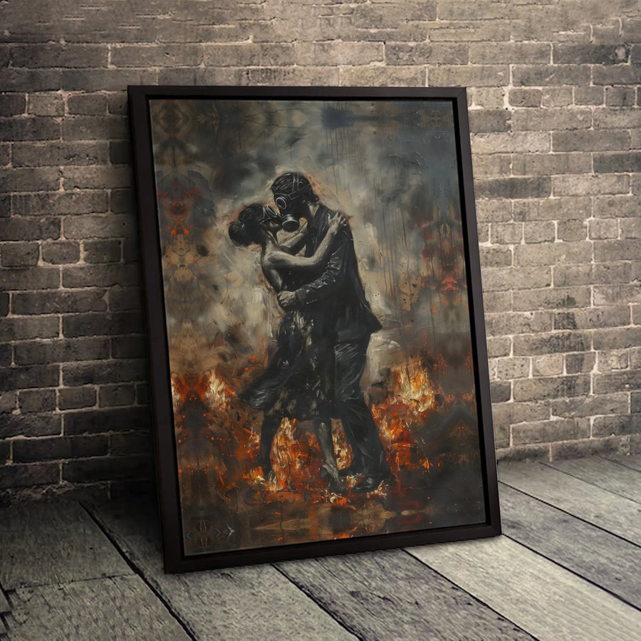 Post-Apocalyptic Couple Canvas | Gas Mask Kissing in Fire Art | Gallery Wrapped Premium Print | Dark Romantic Wall Decor for Home Office