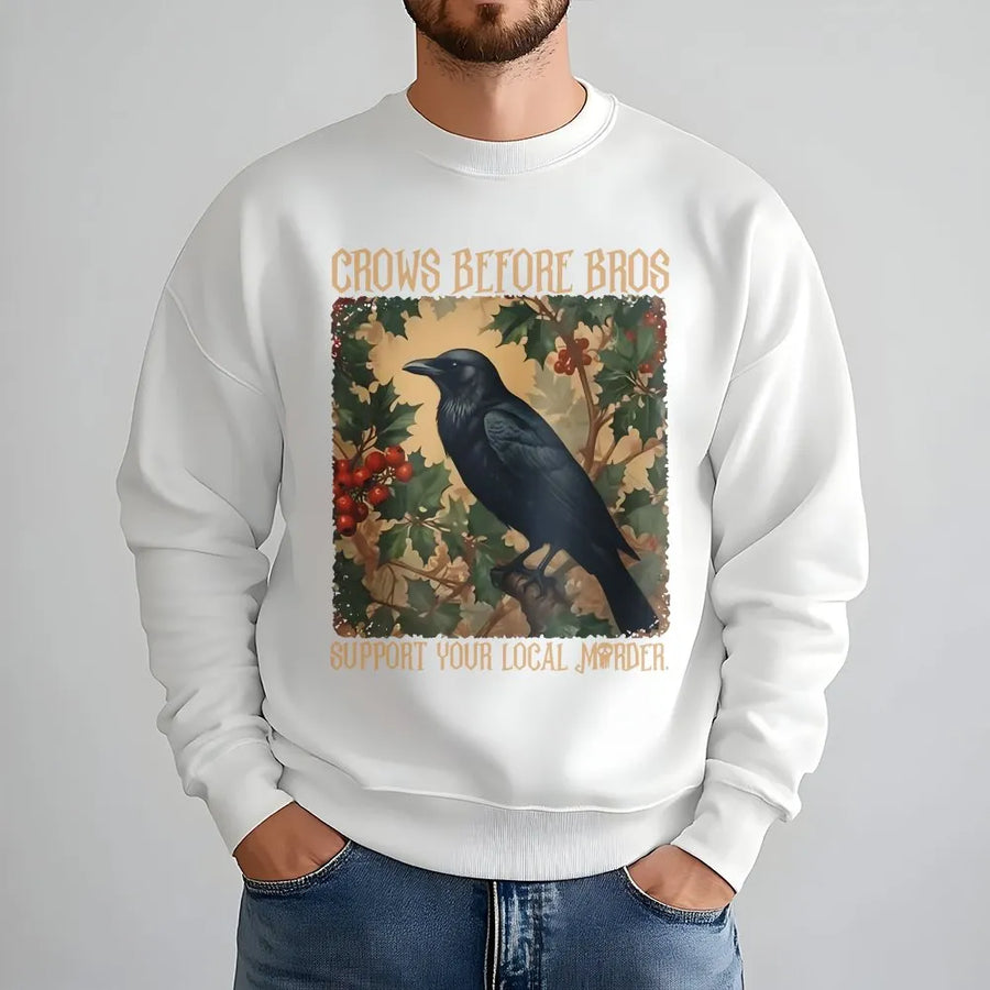 Crows Before Bros Shirt | Funny Feminist Raven Graphic with Holly Branch | Premium Cotton Tee | Gift for Bird Lovers, Witchy Women