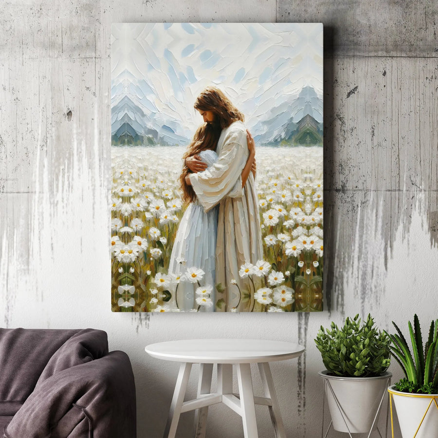 Jesus Embracing Woman Wall Art | Impressionist Daisy Field Painting | Premium Gallery Canvas | Religious Christian Home Decor Gift
