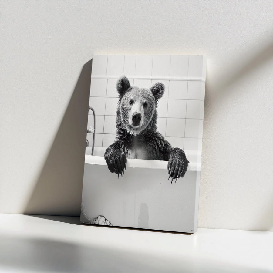 Funny Bear in Bathtub Canvas Wall Art | Black and White Animal Photography | Premium Thick Gallery Wrap | Unique Bathroom Decor Gift for Home