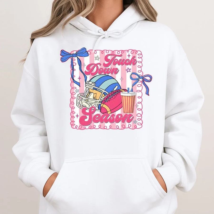 Coquette Football Hoodie | Touchdown Season Retro Graphic with Bows | Premium Comfort Colors | Game Day Gift for Football Mama