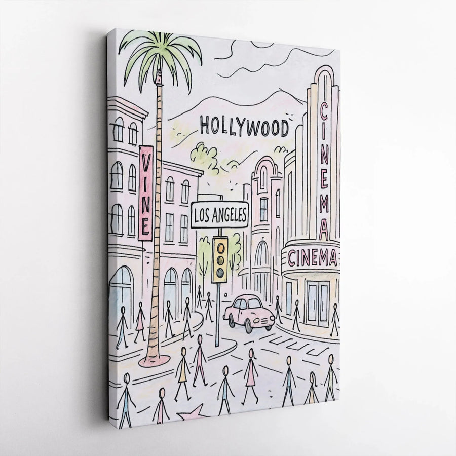 Hollywood Los Angeles Street Scene Canvas | Hand-Drawn Cityscape Wall Art | Premium Gallery-Wrapped Print | Travel Inspired Home Decor Gift