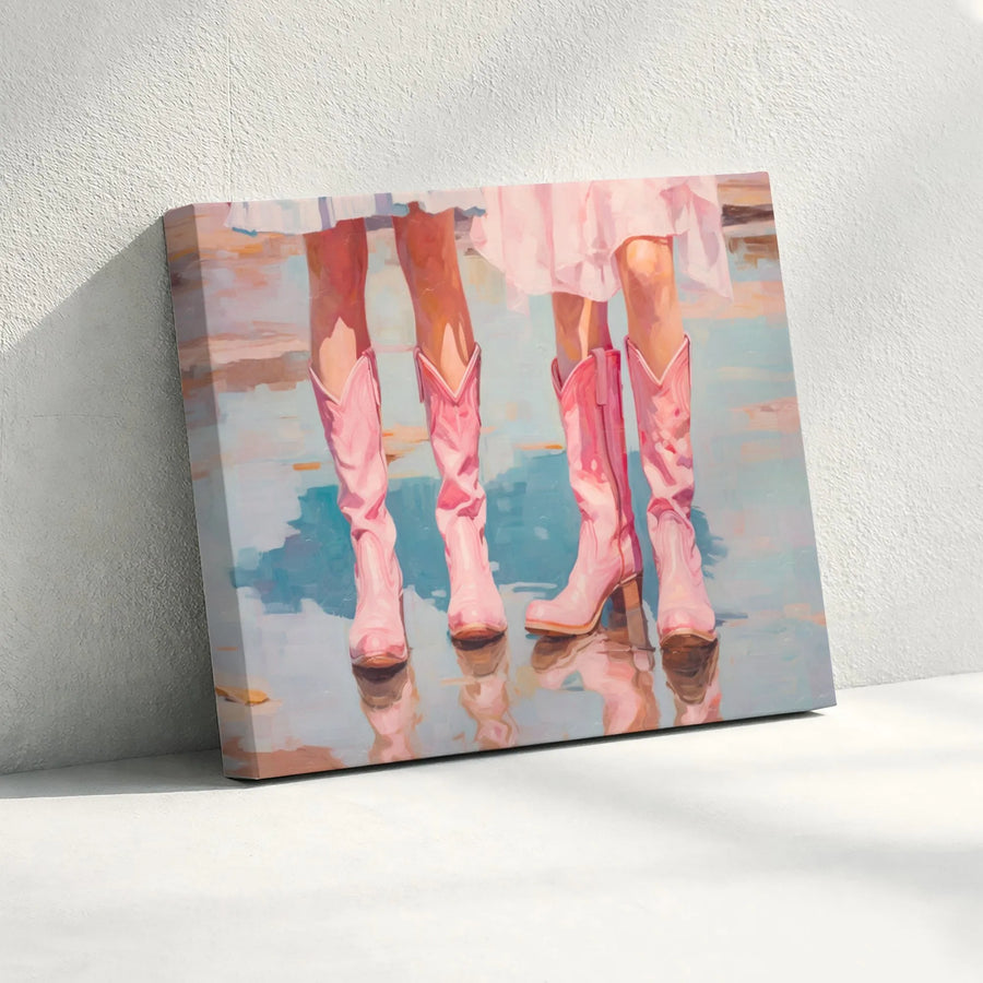 Pink Cowboy Boots Canvas Wall Art | Coastal Cowgirl Painting Print | Premium Gallery Wrap Canvas | Aesthetic Western Decor Gift for Her