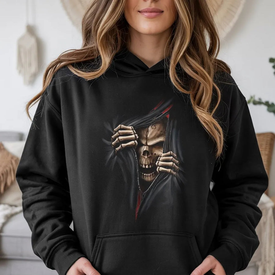 Skeleton Skull Hoodie | 3D Ripped Fabric Illusion Graphic | Cotton-Polyester Blend | Edgy Streetwear Gift For Horror And Gothic Fans