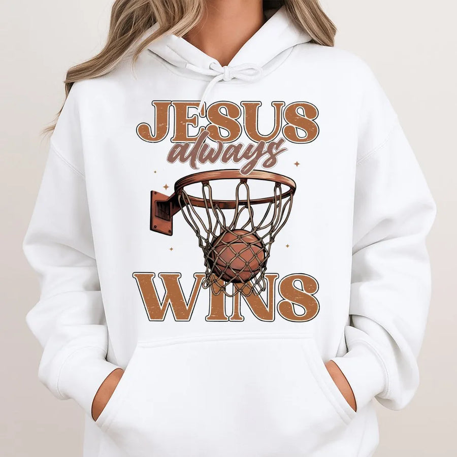 Jesus Always Wins Basketball Hoodie | Christian Faith Graphic Sport Design | Premium Cotton Blend Sweatshirt | Religious Gift for Men Women Youth