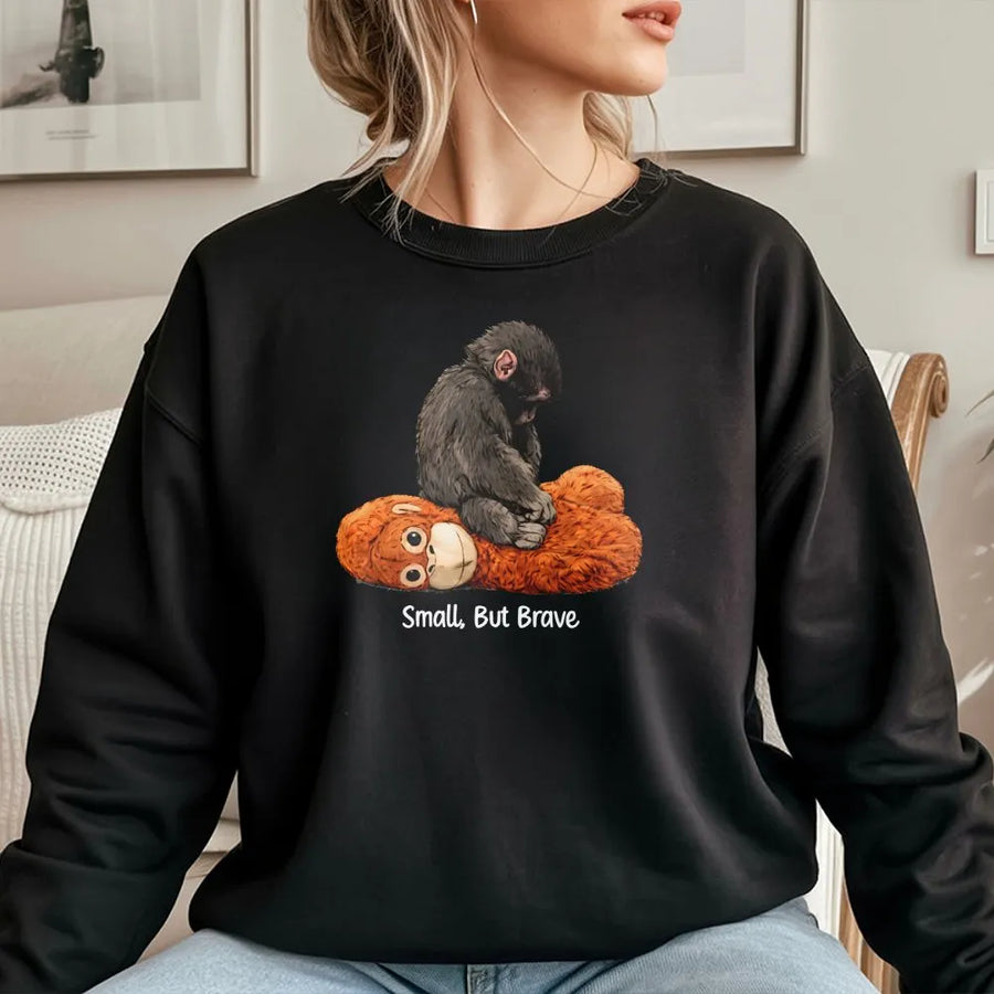 Small But Brave Baby Monkey Sweatshirt | Cute Graphic Animal Illustration | Premium Cotton Blend Cozy Pullover | Whimsical Gift For Animal Lovers