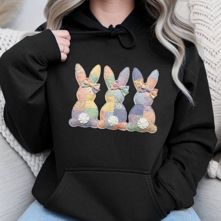 Easter Bunny Hoodie | Cute Patchwork Rabbit Spring Graphic | Premium Cotton Blend | Gift for Her & Spring Holiday Lovers