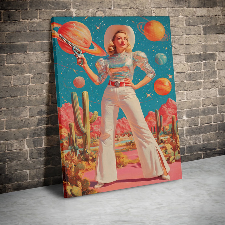 Space Cowgirl Canvas Print | Retro Sci-Fi Western Art | Premium Gallery Wrapped Canvas | Eclectic Home Decor Gift