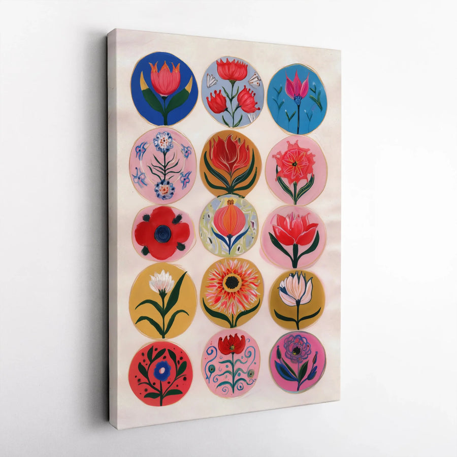 Folk Art Floral Canvas Print | Vibrant Botanical Medallions Wall Art | Premium Gallery Quality Canvas | Boho Living Room Decor Gift