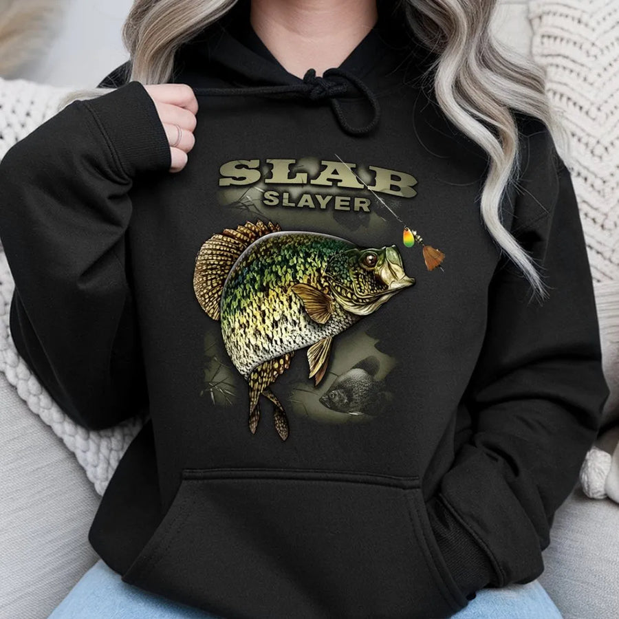 Crappie Fishing Hoodie | Slab Slayer Graphic Design | Premium Cotton Blend Pullover | Funny Fisherman Gift for Anglers