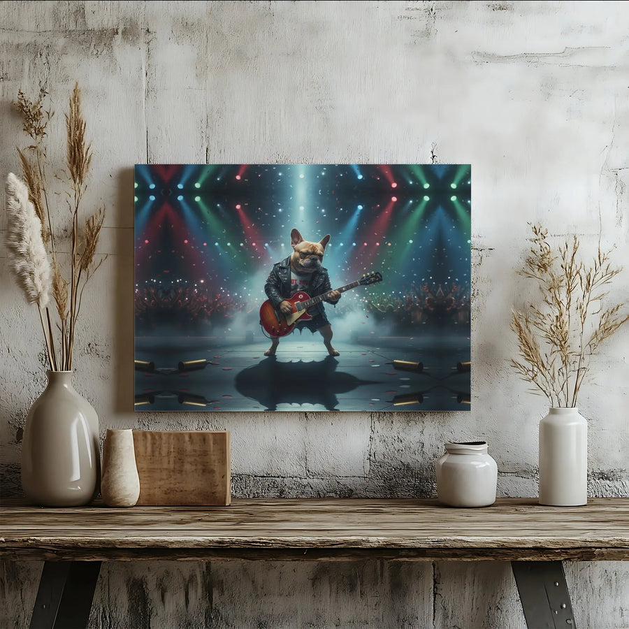 French Bulldog Rockstar Canvas Wall Art | Funny Guitarist Dog Concert Scene | Premium Gallery Quality Print | Gift for Frenchie Owner & Musician