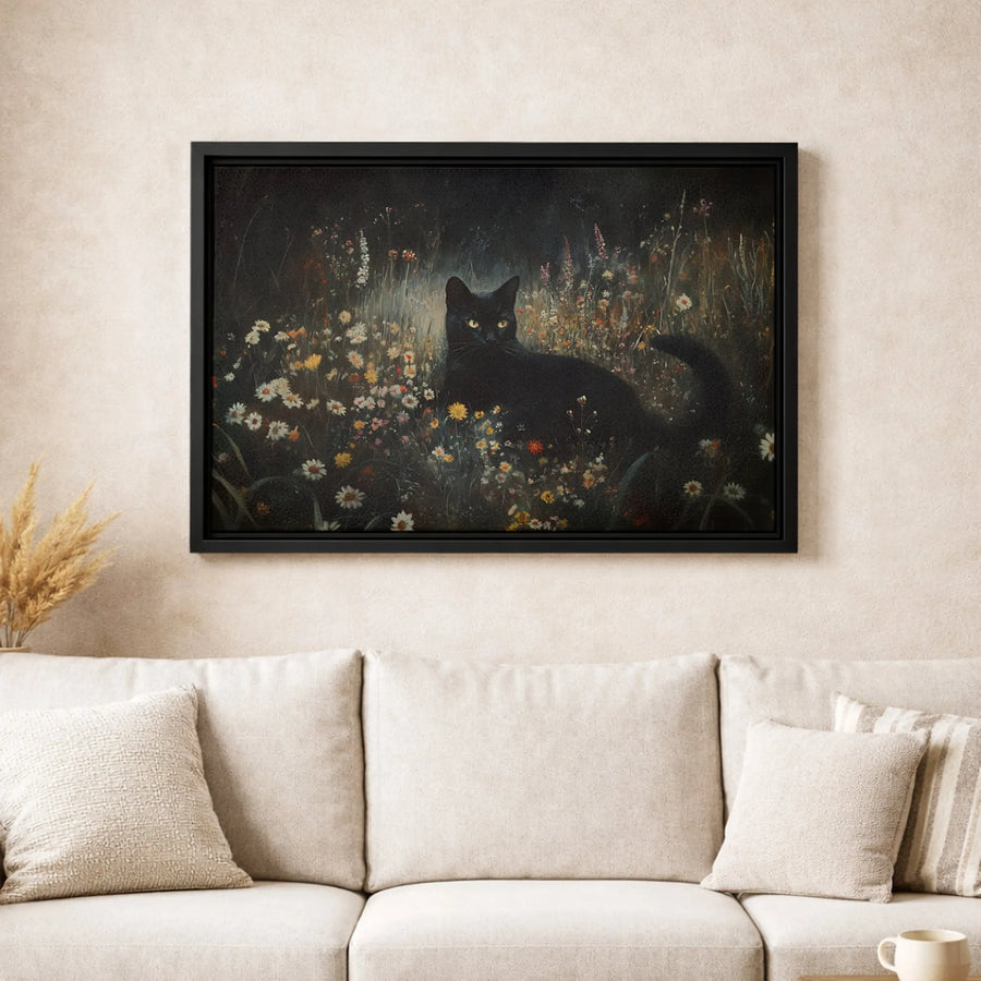 Black Cat Wall Art | Moody Wildflower Meadow Painting | Premium Gallery-Wrapped Canvas | Whimsical Nature Home Decor Gift