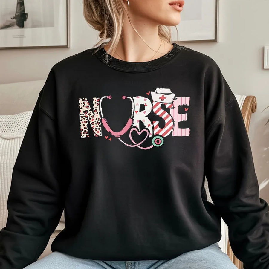 Nurse Valentine Sweatshirt | Cute Leopard Print Stethoscope Design | Premium Cotton Blend | Heartfelt Gift for RN Nursing Student or Healthcare Worker