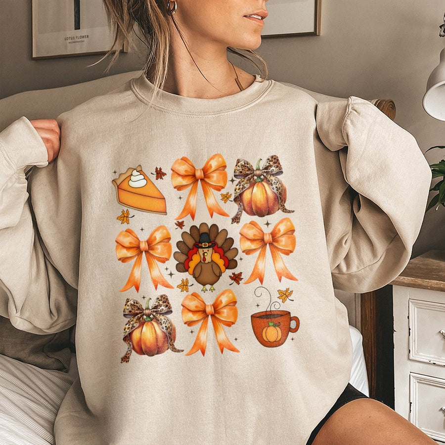 Coquette Thanksgiving Sweatshirt | Cute Turkey Pumpkin Pie Bow Graphic | Premium Cotton Blend | Aesthetic Autumn Fall Gift For Women