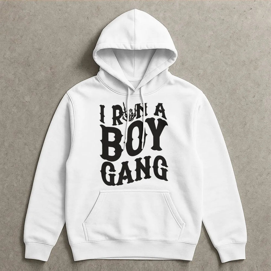 I Run A Boy Gang Hoodie | Skeleton Hand Graphic Statement Top | Soft Cotton Blend Unisex Pullover | Funny Gift For Boy Moms And Dads