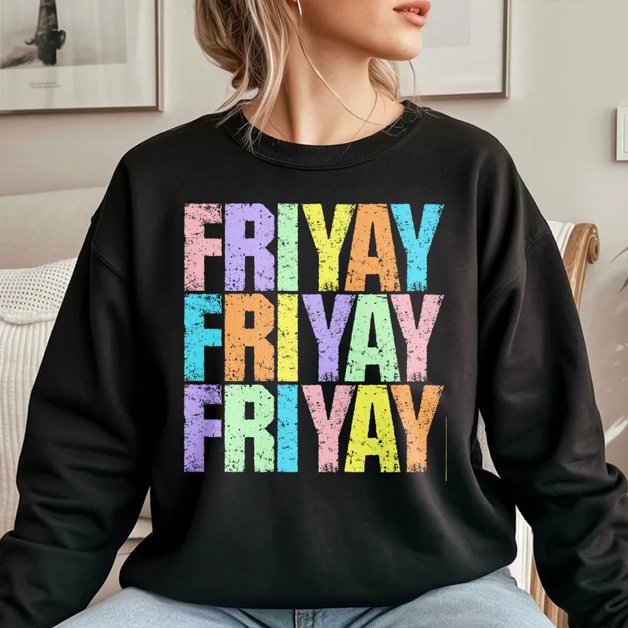 Happy Friyay Sweatshirt | Retro Colorful Graphic Pullover | Soft Cotton-Polyester Blend | Funny Elementary Teacher Gift