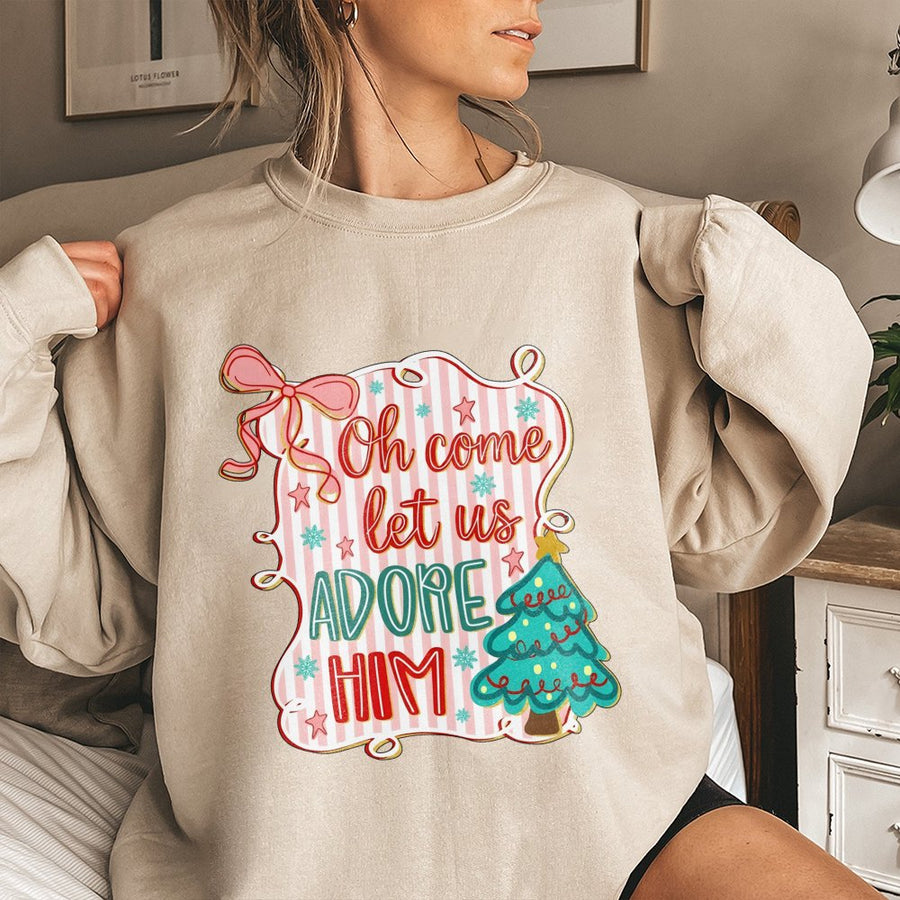 Oh Come Let Us Adore Him Sweatshirt | Preppy Coquette Christmas Tree Graphic | Premium Cotton Blend | Christian Holiday Gift for Women