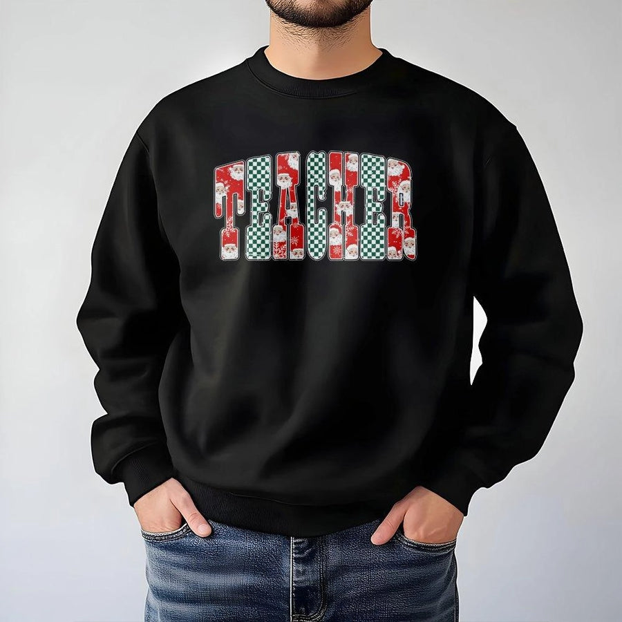Teacher Christmas Sweatshirt | Santa Claus Checkered Print | Premium Cotton Blend Crewneck | Festive Holiday Gift for Teachers and Educators