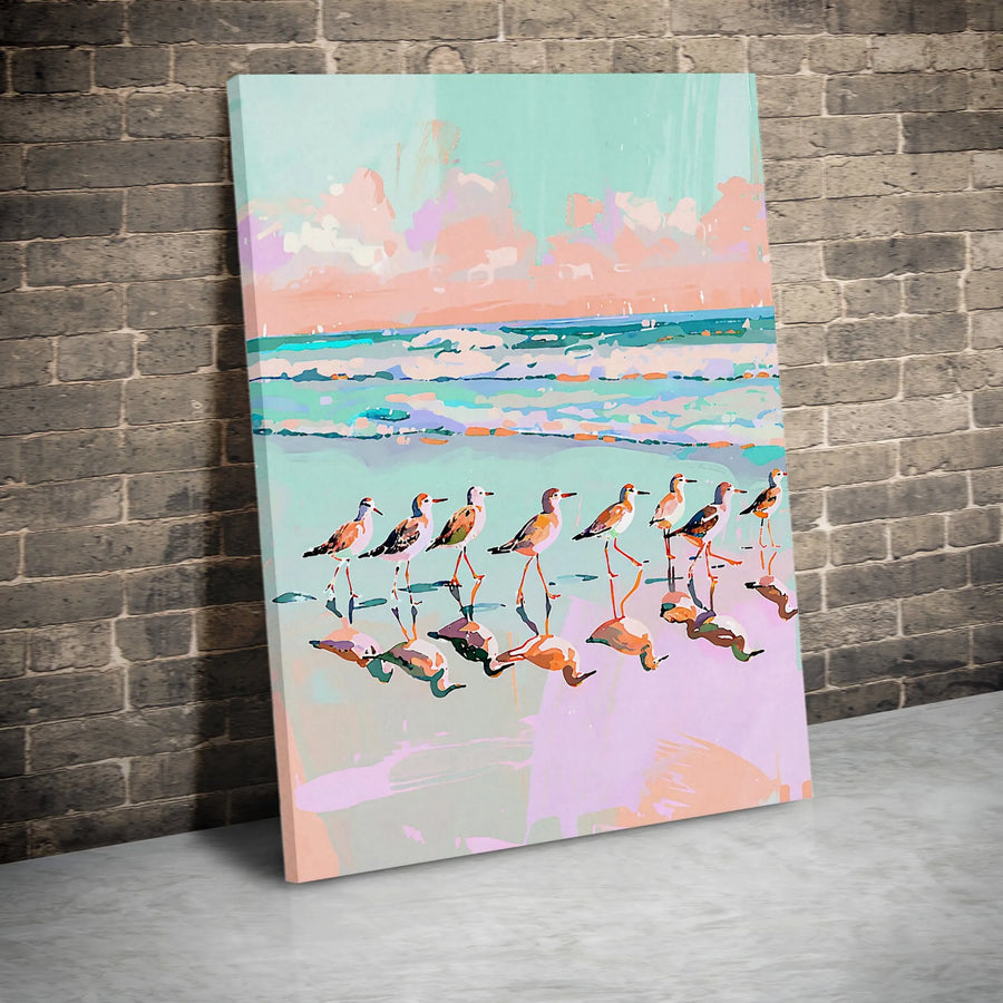 Coastal Birds Canvas Wall Art | Abstract Ocean Painting Print | Premium Gallery Wrapped Art | Nautical Living Room Decor Gift