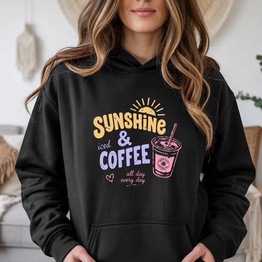 Sunshine and Iced Coffee Hoodie | Retro Graphic Pullover for Coffee Lovers | Soft Cotton Blend | Trendy Barista Gift for Her