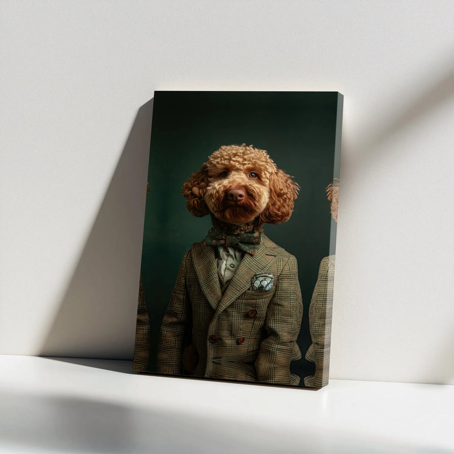 Dapper Poodle Canvas Wall Art | Anthropomorphic Dog in Vintage Tweed Suit | Premium Gallery Wrapped Canvas | Unique Home Decor Gift for Dog Lovers