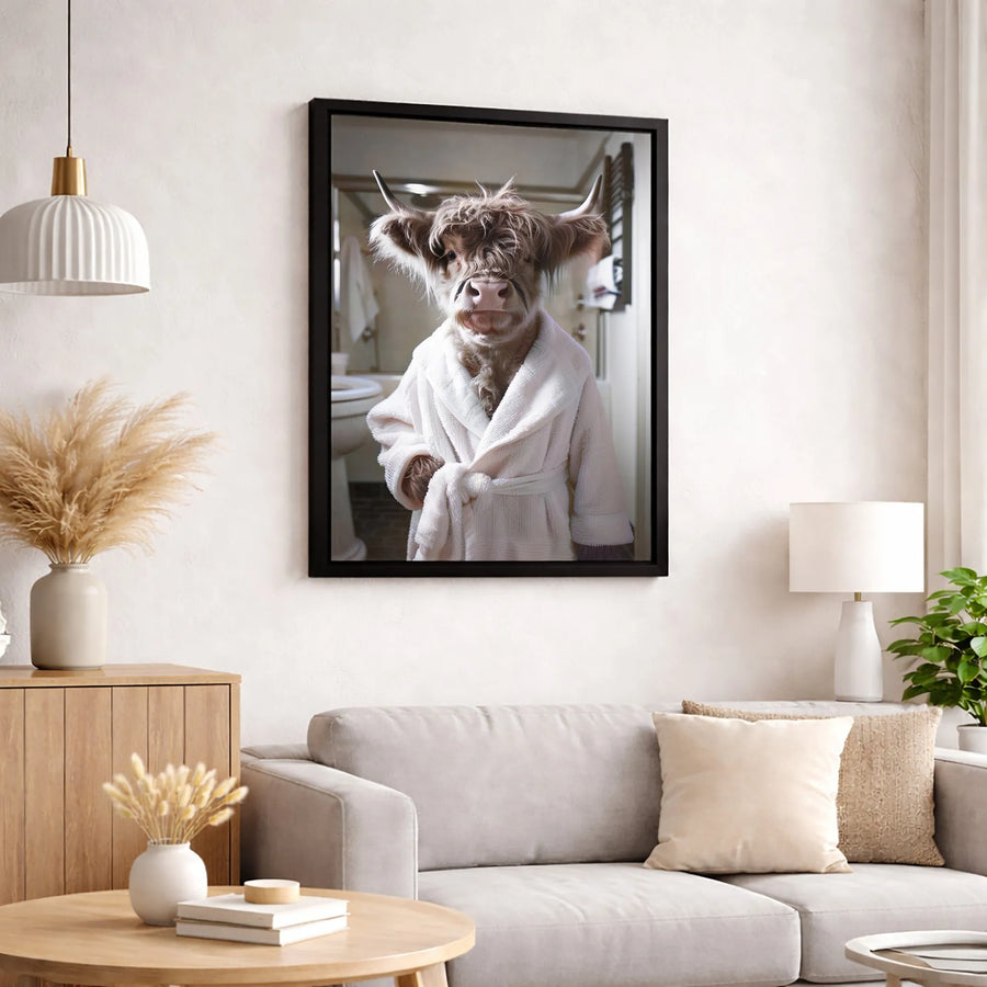 Highland Cow Canvas Wall Art | Funny Animal in Bathrobe | Gallery Quality 1.25 Inch Wrap | Bathroom Decor Print Gift for Farmhouse Lovers
