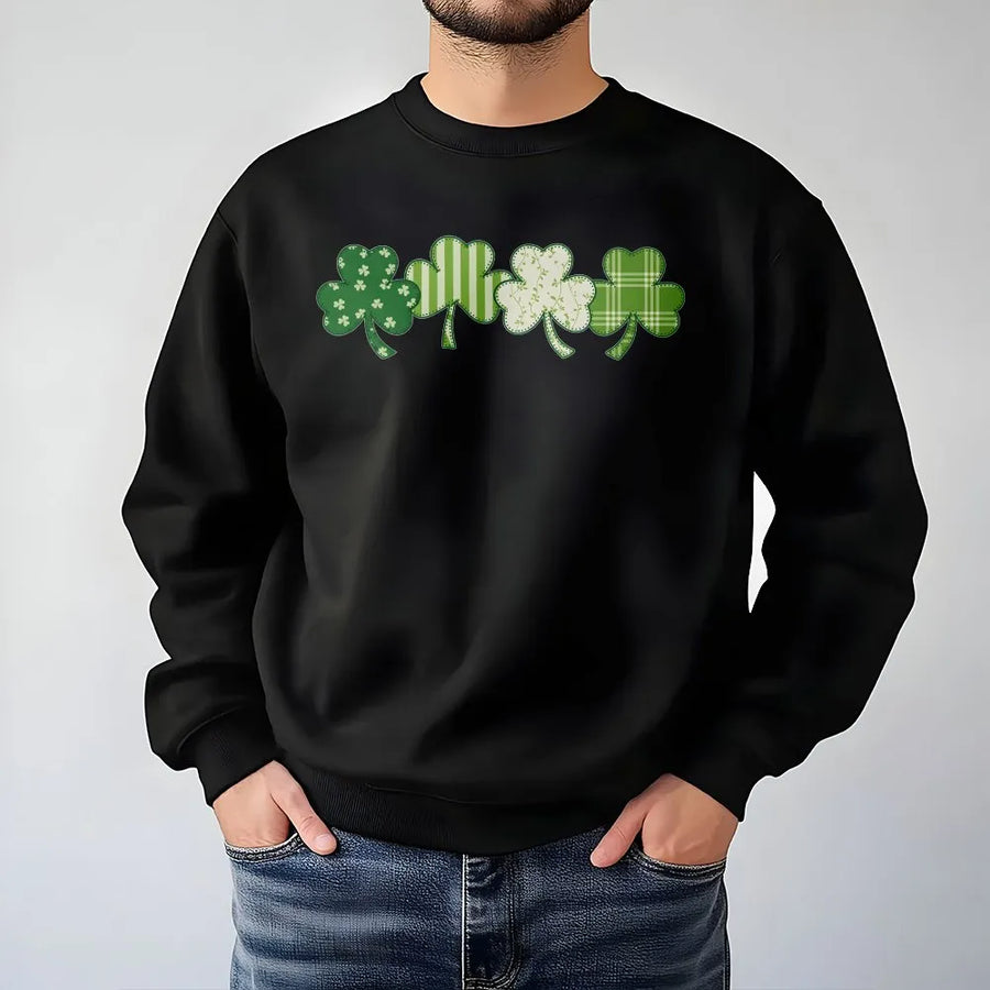 St. Patricks Day Sweatshirt | Faux Patchwork Shamrock Graphic | Premium Cotton Blend | Unisex Irish Gift for Her and Him