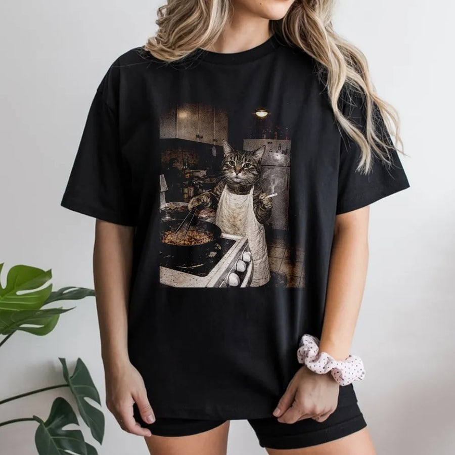 Funny Cat Meme T-Shirt | Retro Cooking Cat Graphic | Soft Unisex Crewneck | Gift for Cat Lovers and Meme Fans