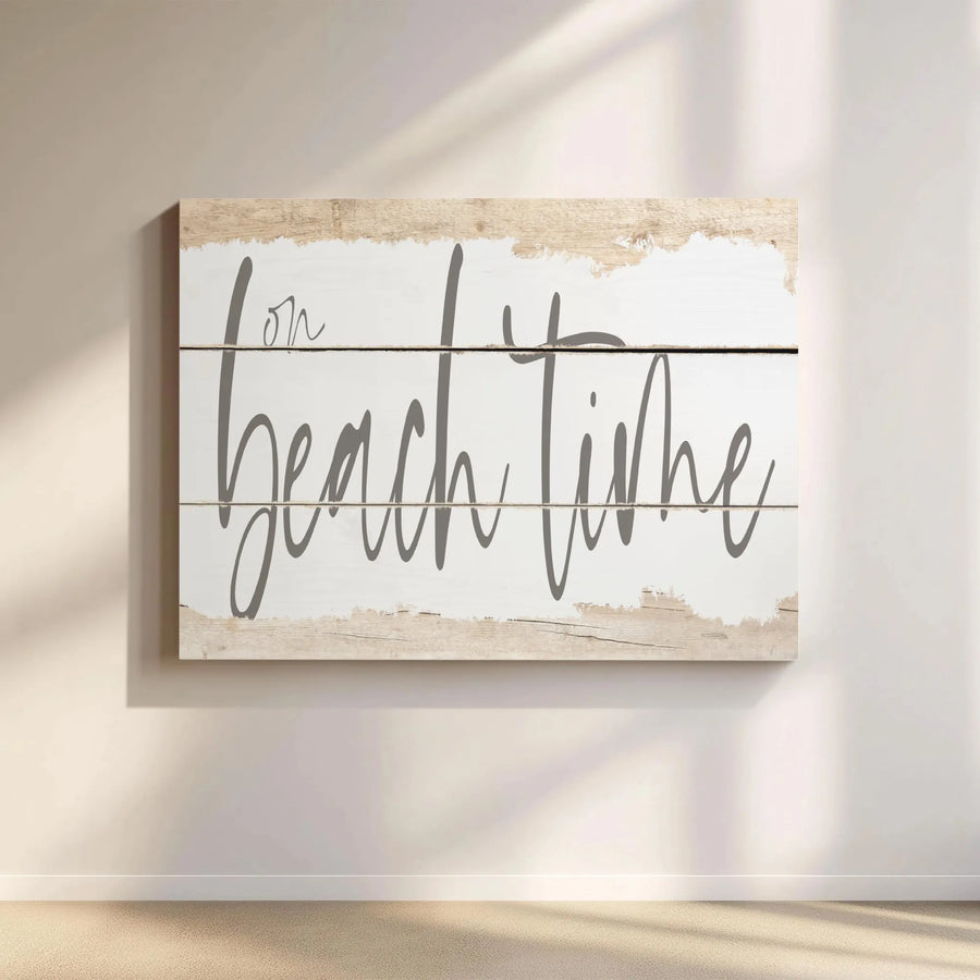 On Beach Time Canvas Wall Art | Rustic Coastal Farmhouse Sign | Premium Gallery Wrapped Canvas | Gift for Beach House or Lake House Decor