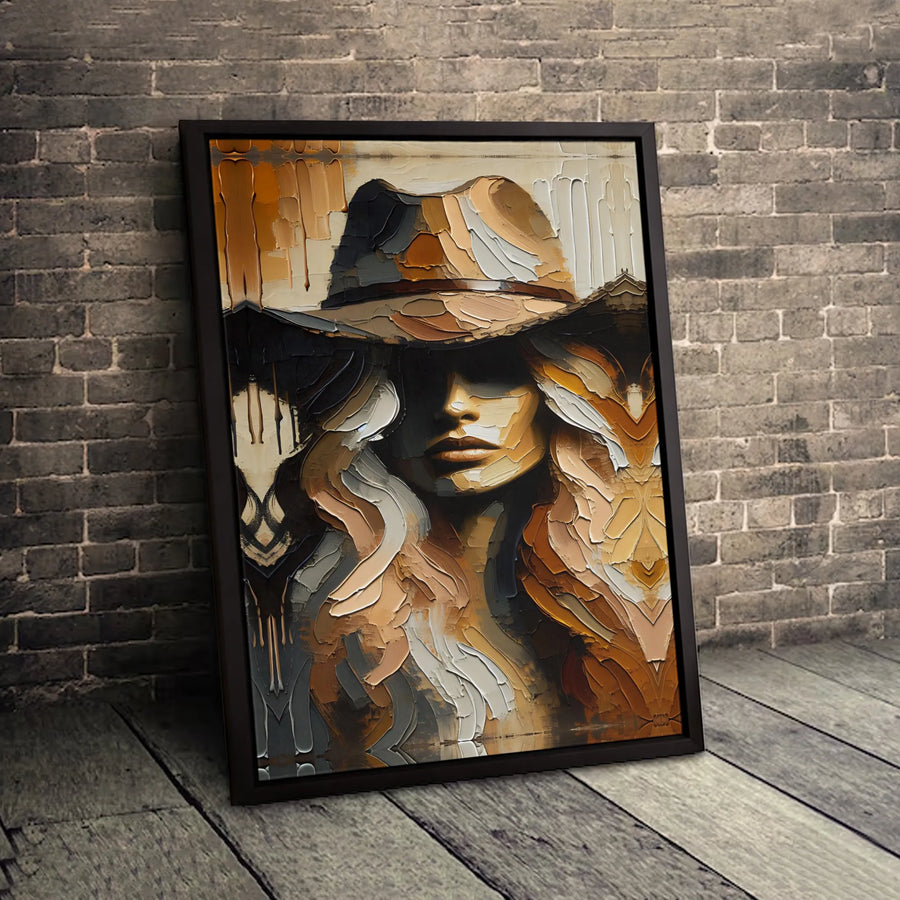 Cowboy Hat Woman Canvas Wall Art | Textured Impasto Western Oil Painting Style | Premium 1.25 Inch Gallery Wrap | Southwestern Home Decor Gift