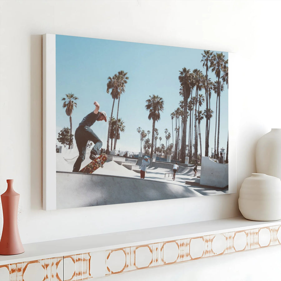 Venice Beach Skateboarding Canvas Art | Retro California Skater Print | Premium Gallery Wrapped Wall Decor | Gift for Teen, Dorm Room Decor